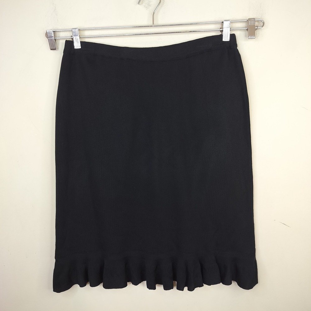 Ming Wang Ruffle Hem Knit Skirt PXL Petite Stretchy Classic Office Black